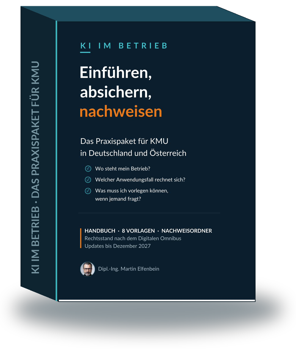 Das Praxispaket KI im Betrieb als Schachtel: Handbuch, 8 Vorlagen, Nachweisordner